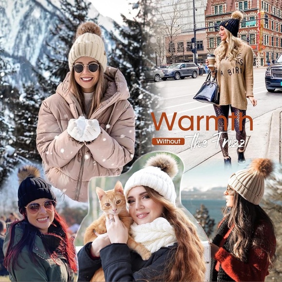 FURTALK Satin Lined Pom Pom Beanie Beige Faux Fur Knit Hat New - Picture 3 of 9